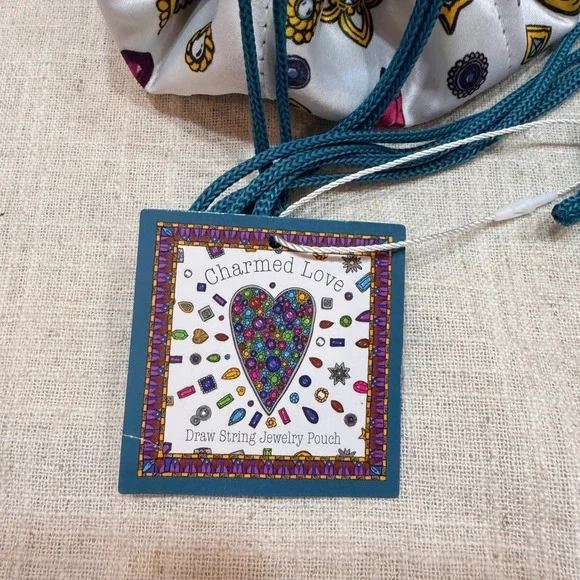 Brighton Charmed Love Jewelry Pouch Britney Drumheller Gem Heart Teal Satin NEW - Picture 2 of 8